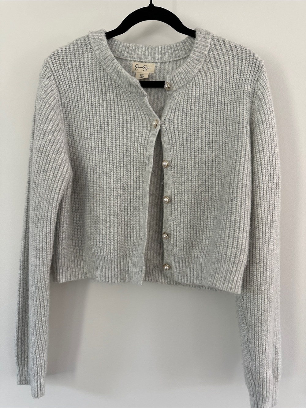 Jessica Simpson Pearl-Button Ribbed Crewneck Cardigan - Light Gray